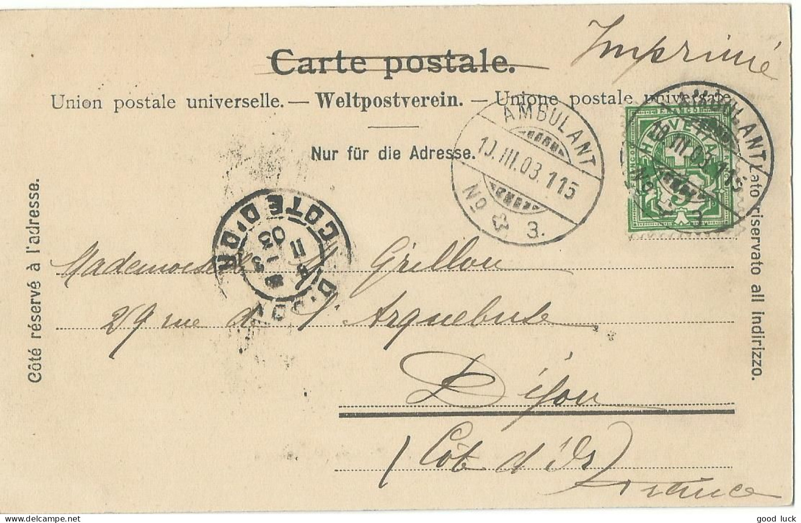 SUISSE CARTE 5c  AMBULANT N° 3 POUR DIJON ( COTE D' OR )  DE 1903 LETTRE COVER - Brieven En Documenten