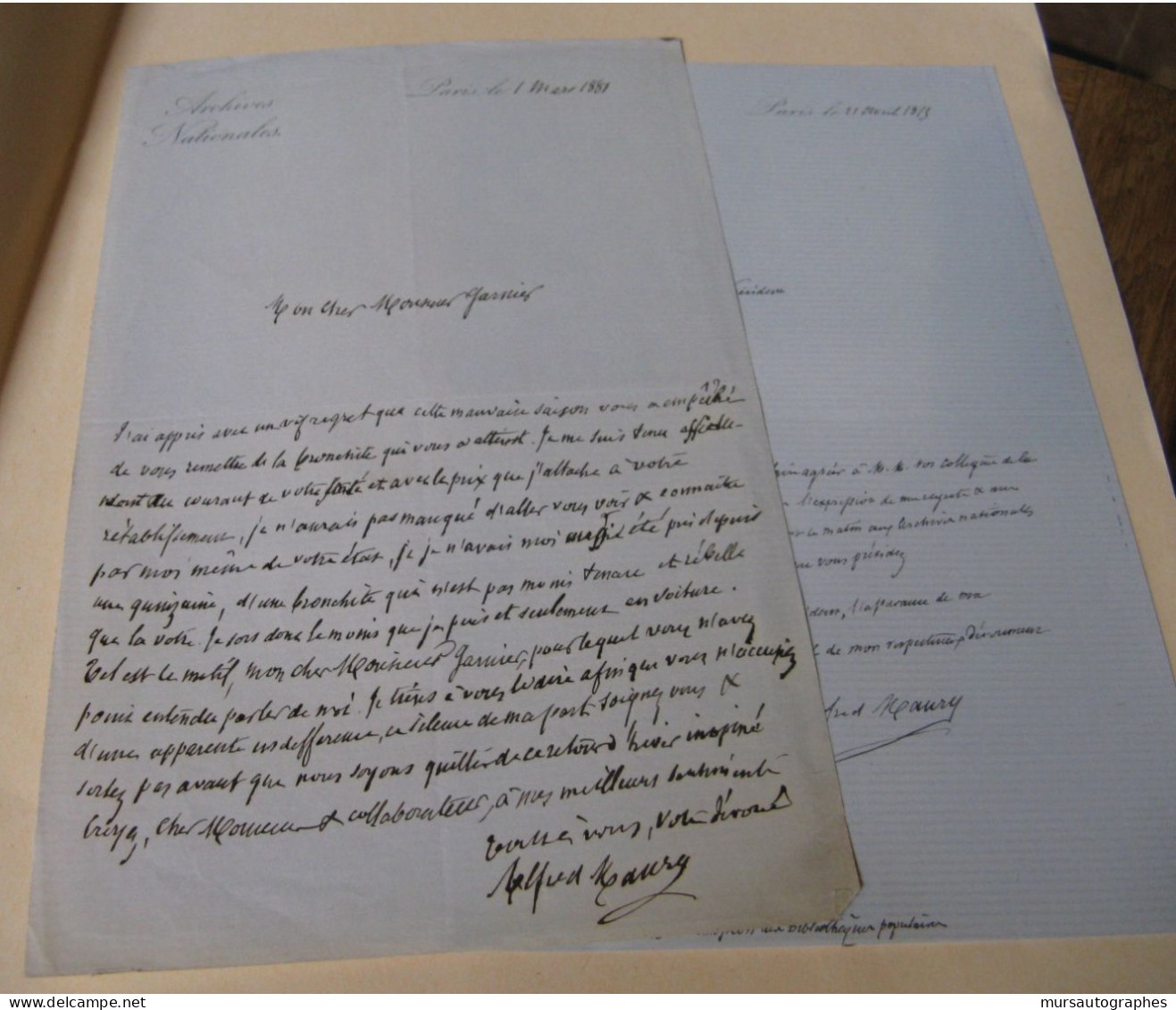 ALFRED MAURY 2 X Autographe Signé 1875 BIBLIOTHEQUE ACADEMIE NATIONALE FLAUBERT - Schriftsteller