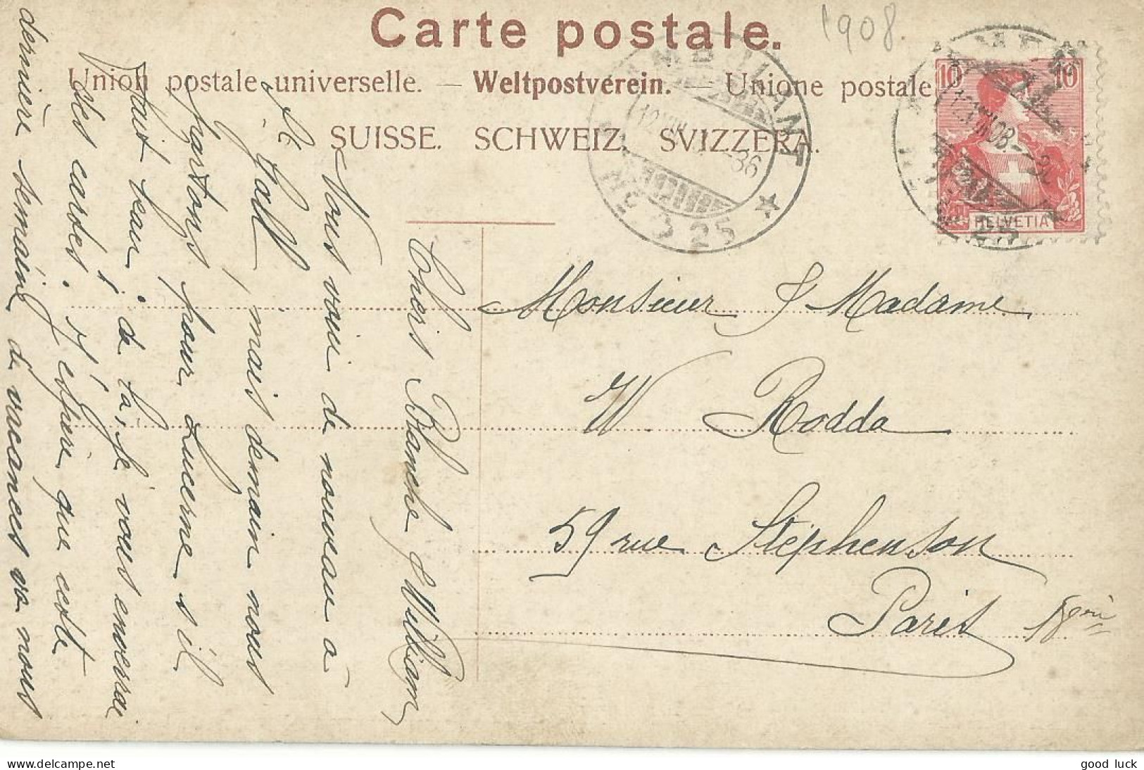 SUISSE CARTE 10c  AMBULANT N° 25  POUR PARIS  DE 1908 LETTRE COVER - Covers & Documents