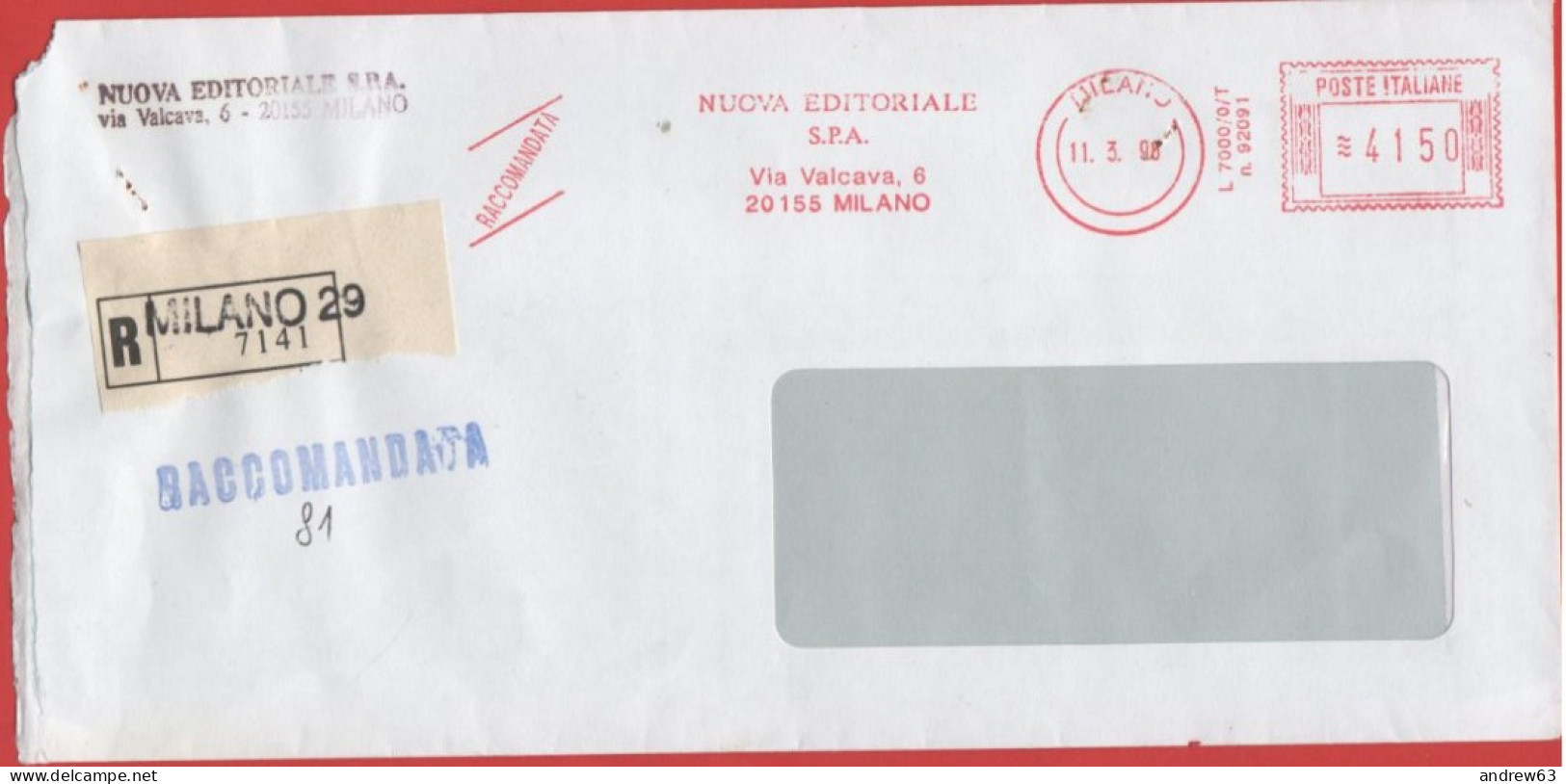 ITALIA - ITALY - ITALIE - 1996 - 4150 EMA, Red Cancel - Nuova Editoriale SPA, L'Indipendente - Raccomandata - Viaggiata - Frankeermachines (EMA)