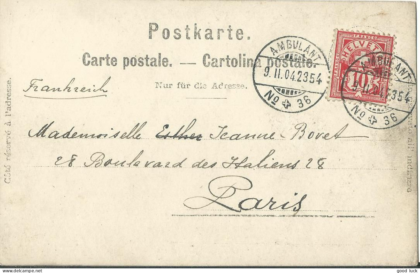 SUISSE CARTE 10c  AMBULANT N° 36  POUR PARIS  DE 1904 LETTRE COVER - Covers & Documents