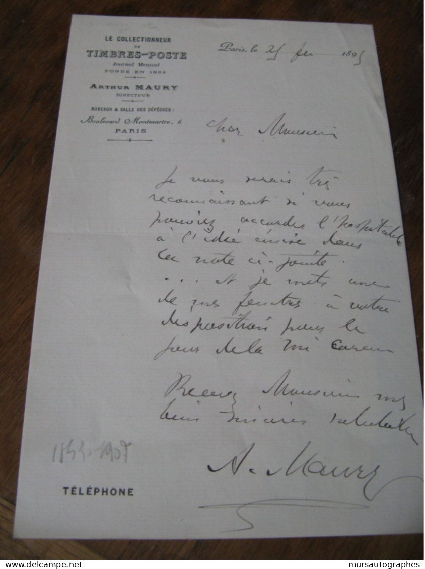 ARTHUR MAURY Autographe Signé 1895 COLLECTIONNEUR PHILATHELISTE PARIS - Writers