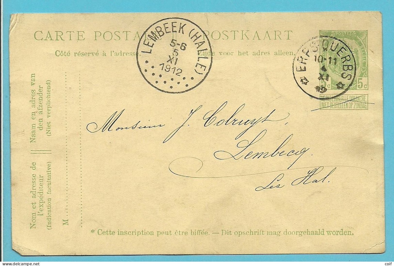 Entier Met Sterstempel * ERPS-QUERBS * Met Als Aankomst Stempel LEMBEEK (HALLE) (28mm) - Postmarks With Stars