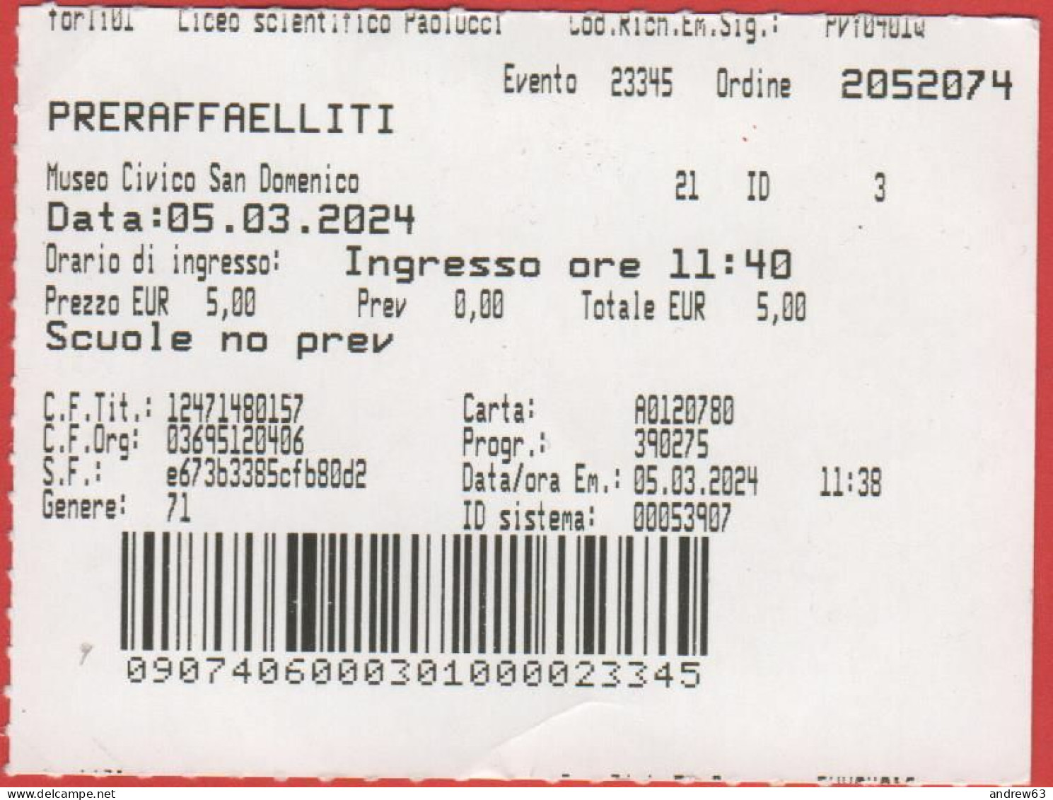 ITALIA - Museo Civico San Domenico Forlì - Mostra "Preraffaelliti, Rinascimento Moderno" - Biglietto D'Ingresso Scuole - - Tickets D'entrée