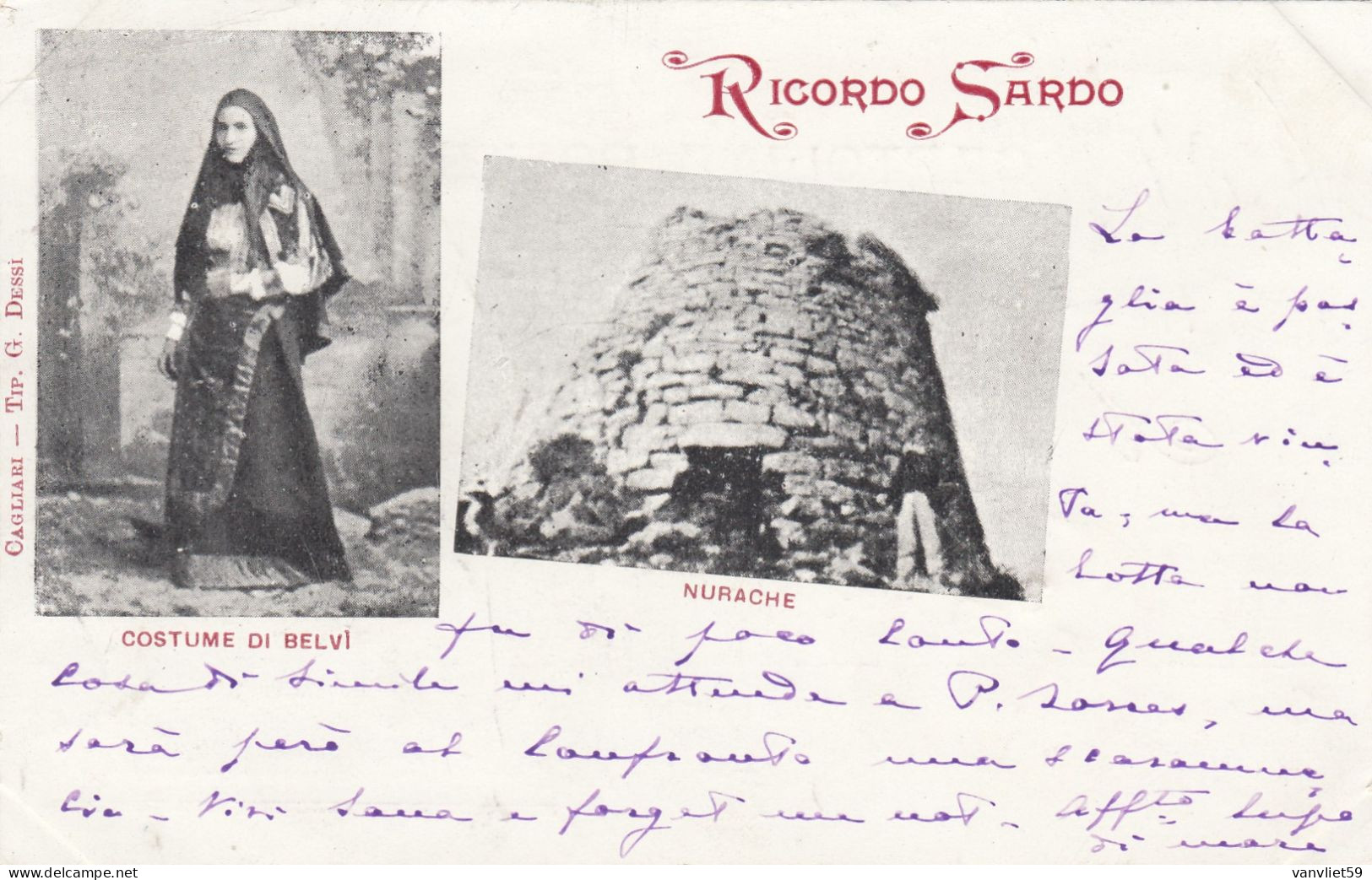 BELVI-NUORO-RICORDO SARDO-CARTOLINA VIAGGIATA IL 3-5-1899-RETRO INDIVISO - Nuoro