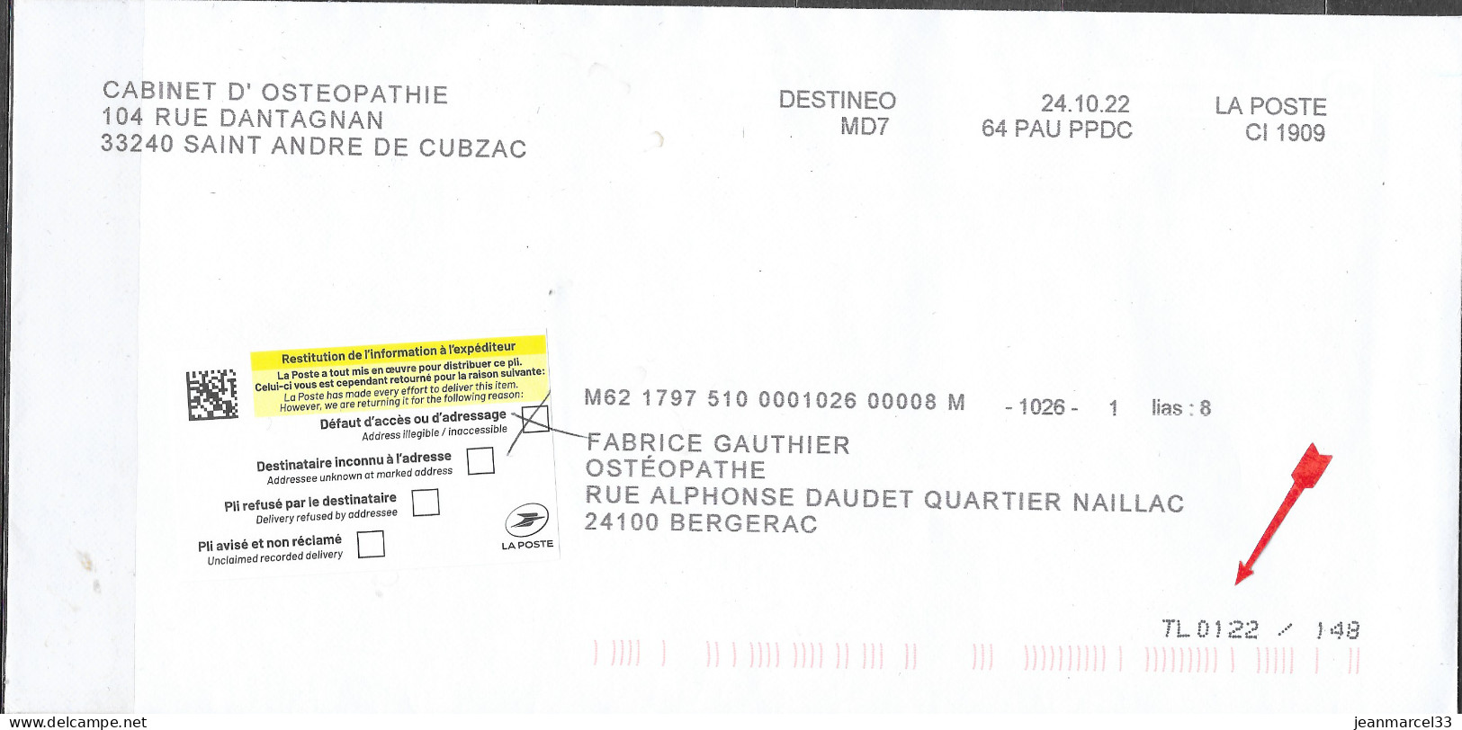 NPAI étiquette REFEX Et Marque De La Machine TABOU " TL0122 / 148 " 24000 Bergerac 24.12.22 - Other & Unclassified