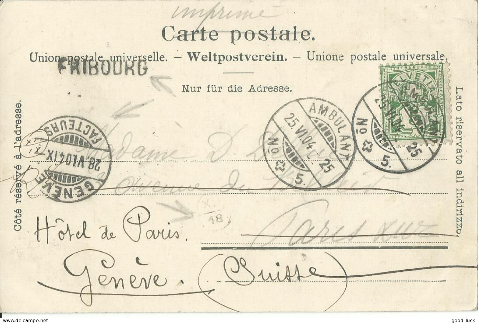 SUISSE  CARTE 5c  MARQUE LINEAIRE FRIBOURG  + AMBULANT N° 5 POUR PARIS REDIRIGEE GENEVE  DE 1904 LETTRE COVER - Covers & Documents