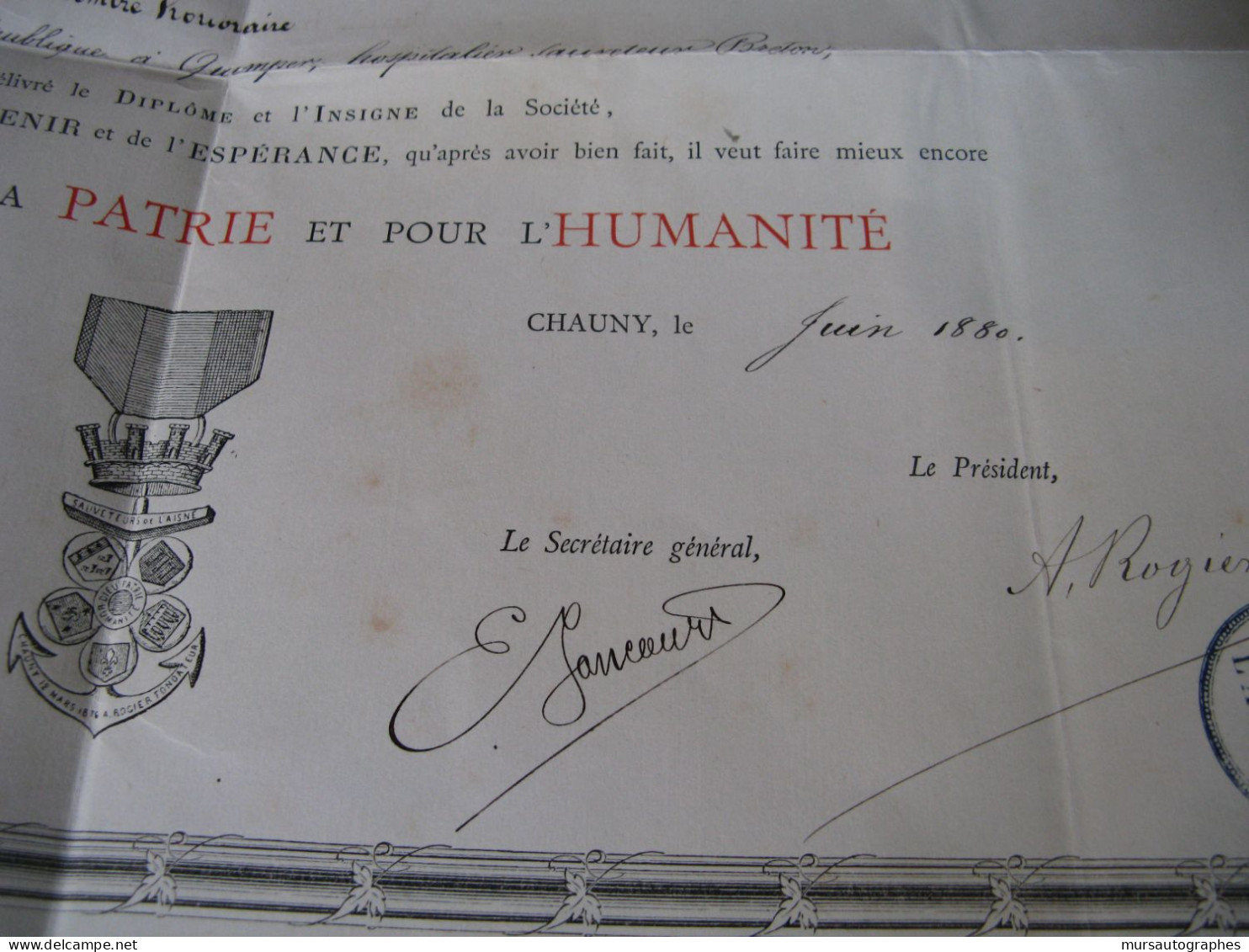 RARE BEAU DIPLOME "SAUVETEURS DU DEPARTEMENT DE L'AISNE" 1880 Signé BRETAGNE - Diploma's En Schoolrapporten