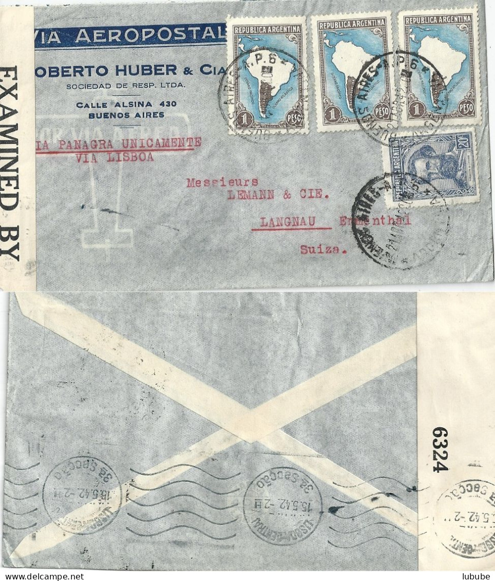 Airmail Zensur Brief  Buenos Aires - Lisbon - Langnau         1942 - Briefe U. Dokumente