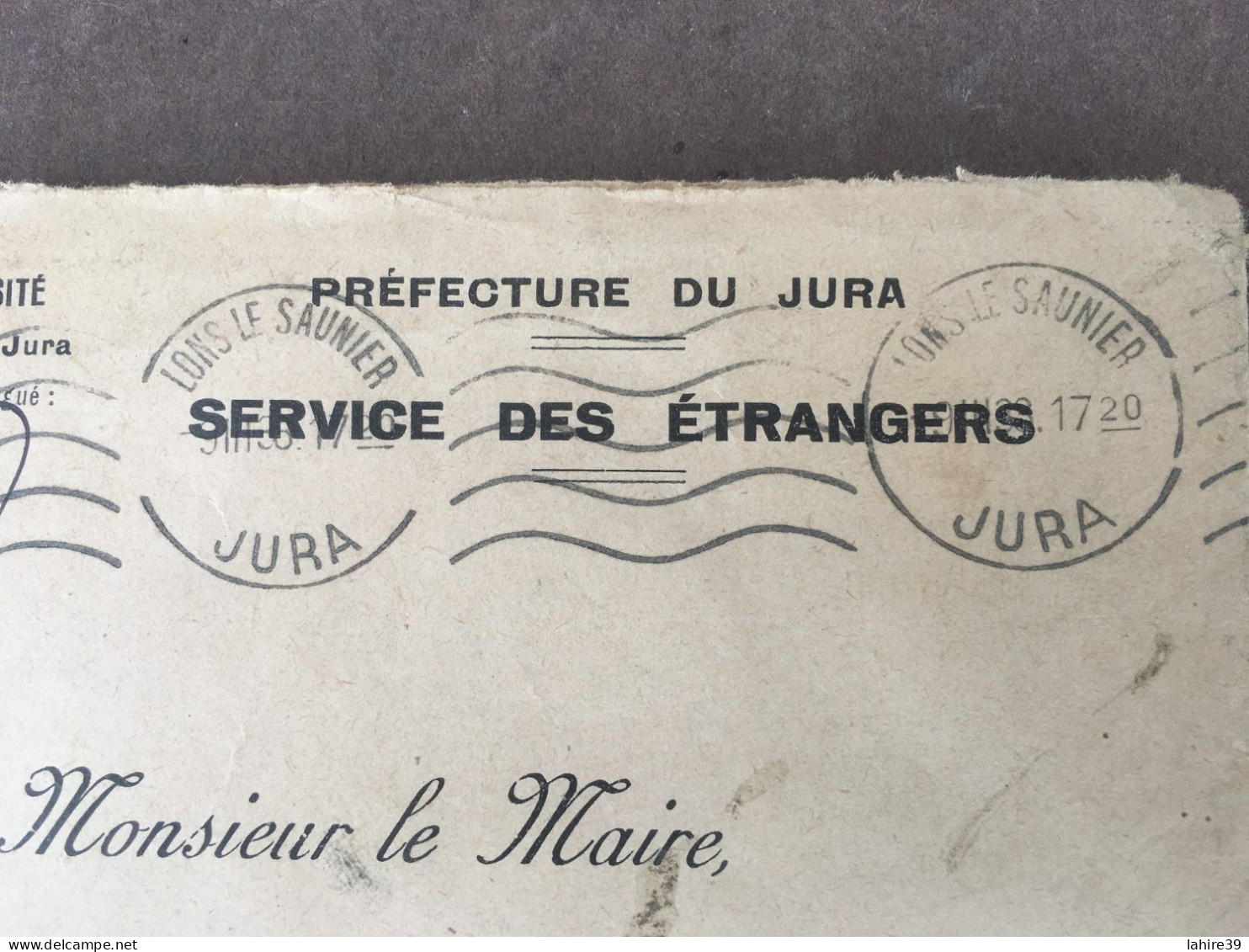 Enveloppe Oblitérée / Préfecture Du Jura / Service Des Etrangers / 1938 - Historical Documents