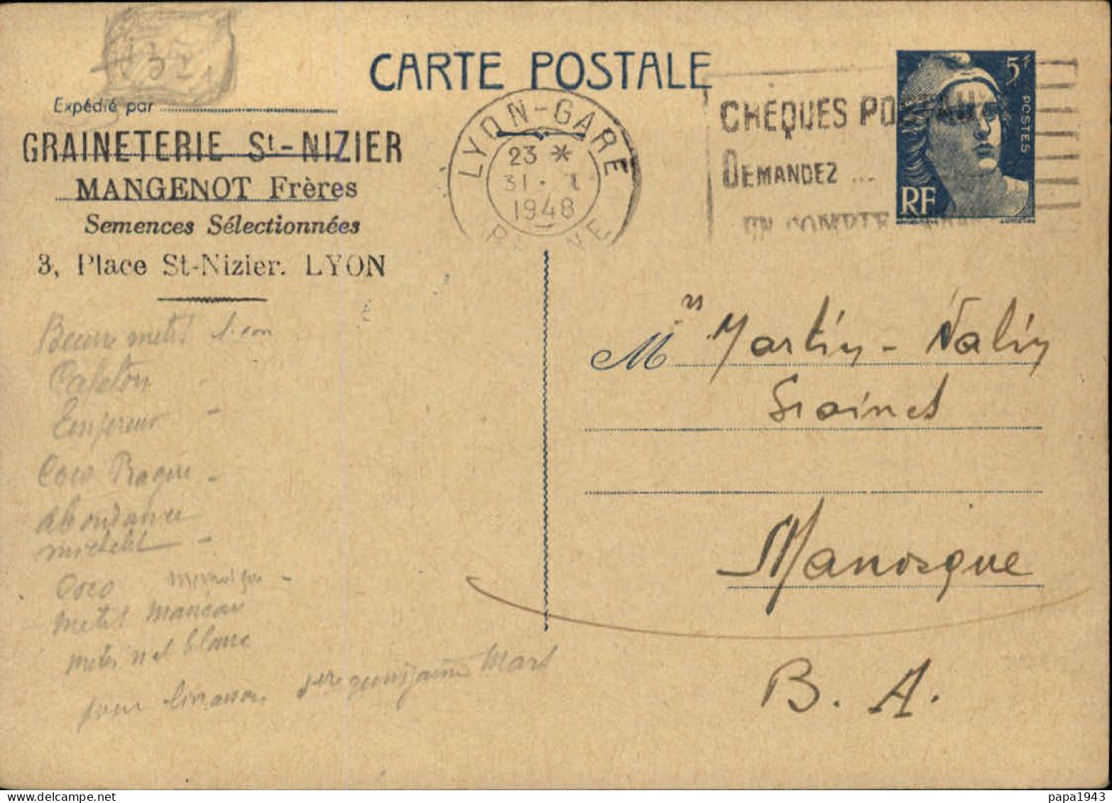 1940  CP  " Graineterie St NIZIER MANGENOT Fres LYON " Envoyée à MANOSQUE - Covers & Documents