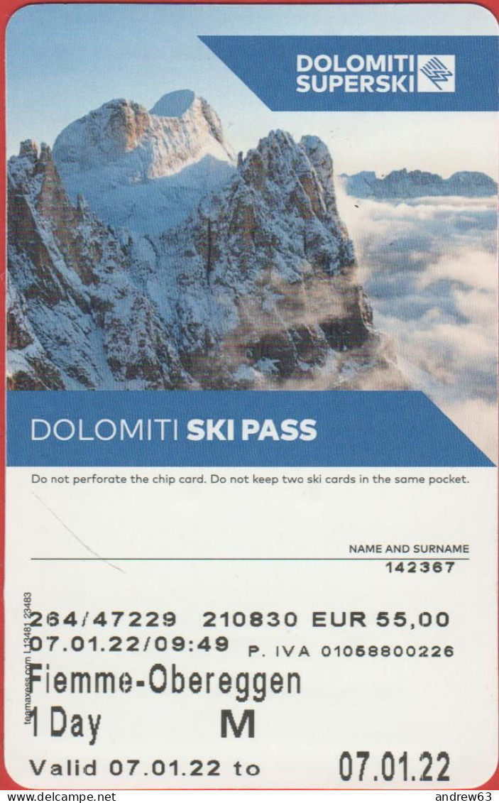 ITALIA - ITALY - ITALIE - 2022 - Fiemme-Obereggen - Skipass - Ski Pass - 1 Giorno M - Used - Other & Unclassified