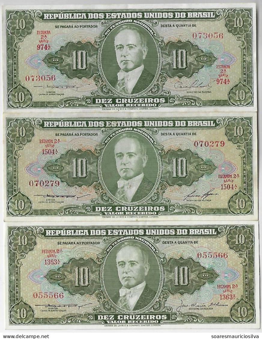 Brazil 3 Banknote President Getúlio Vargas 10 Cruzeiros 1954 1956 1958 Amato-77,78,79 Pick-159b,159c,159d XF - Brasile