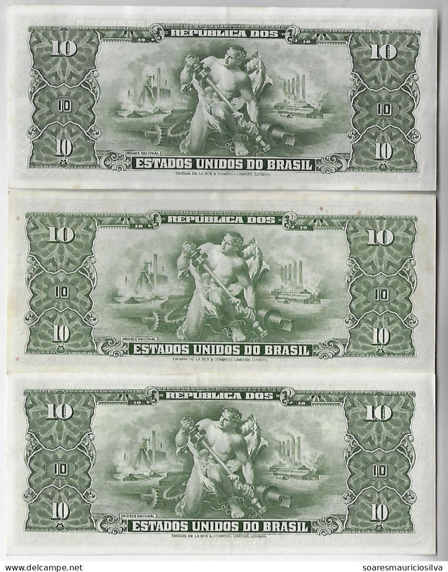 Brazil 3 Banknote President Getúlio Vargas 10 Cruzeiros 1954 1956 1958 Amato-77,78,79 Pick-159b,159c,159d XF - Brazil