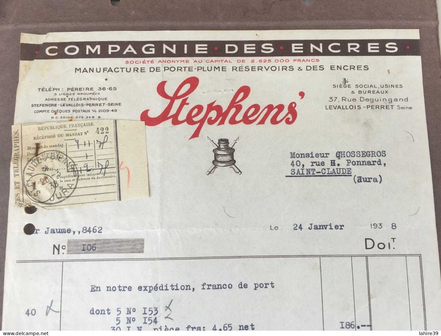 Facture / Compagnie Des Encres / Stephens / Encriers / Porte Plume / Levallois / 1938 - 1950 - ...