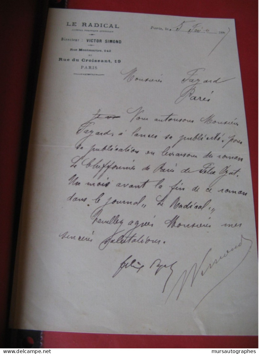 FELIX PYAT Autographe Signé 1887 JOURNALISTE COMMUNARD DEPUTE CHER à FAYARD - Politiek & Militair