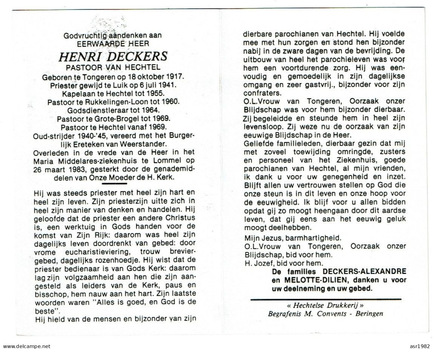 Doodsprentje  Pastoor / Priester : Tongeren-Hechtel-Rukkelingen-Loon - Grote-Brogel - Lommel  : E.H Henri Deckers . - Religion & Esotérisme