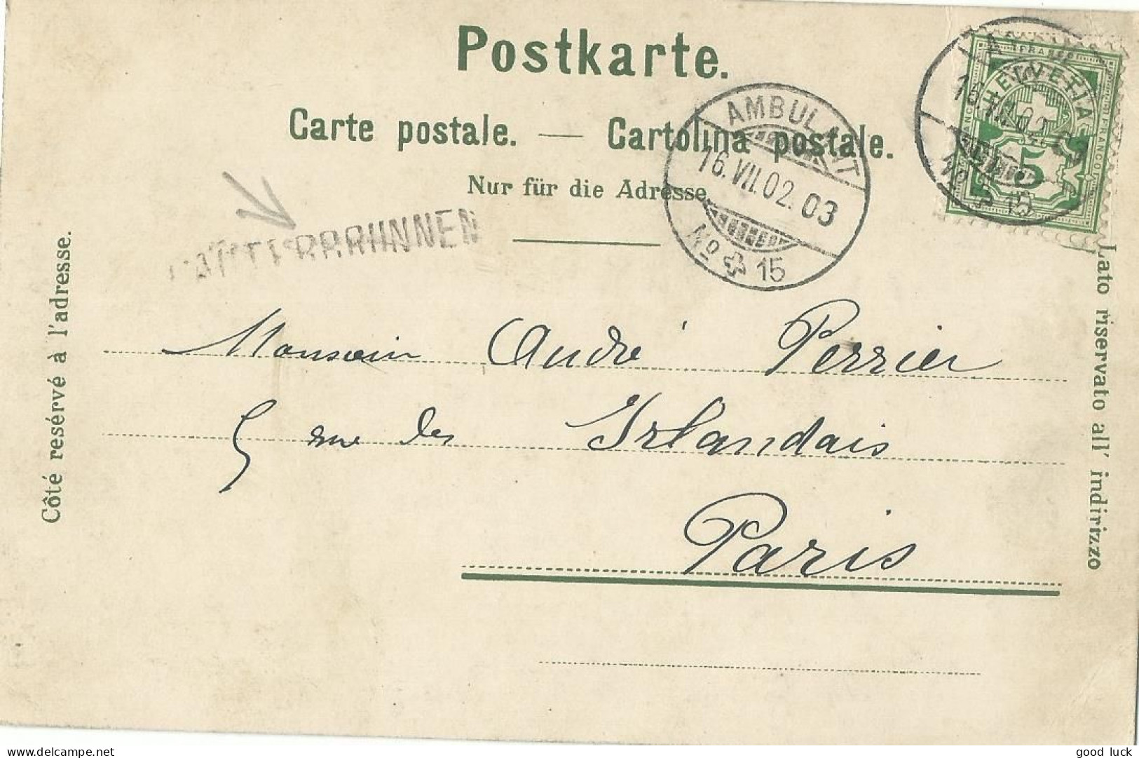 SUISSE  CARTE 5c  MARQUE LINEAIRE + AMBULANT N° 15 POUR PARIS DE 1902 LETTRE COVER - Storia Postale