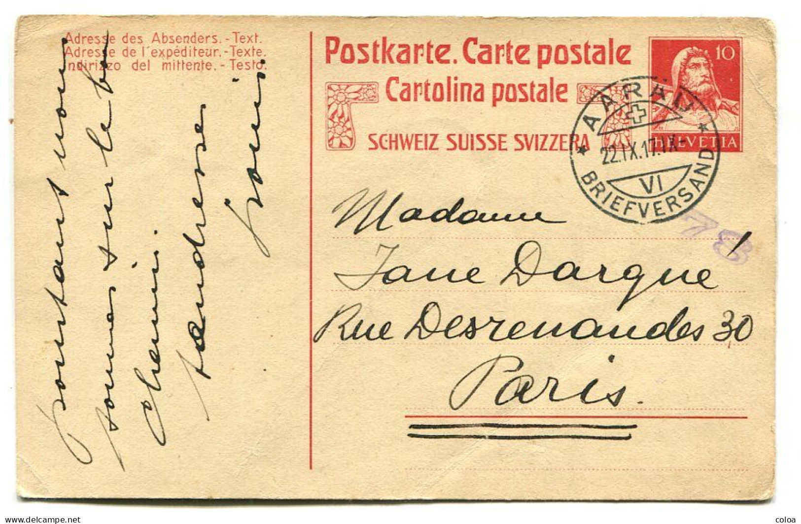Entier Postal Suisse 1917 - Interi Postali