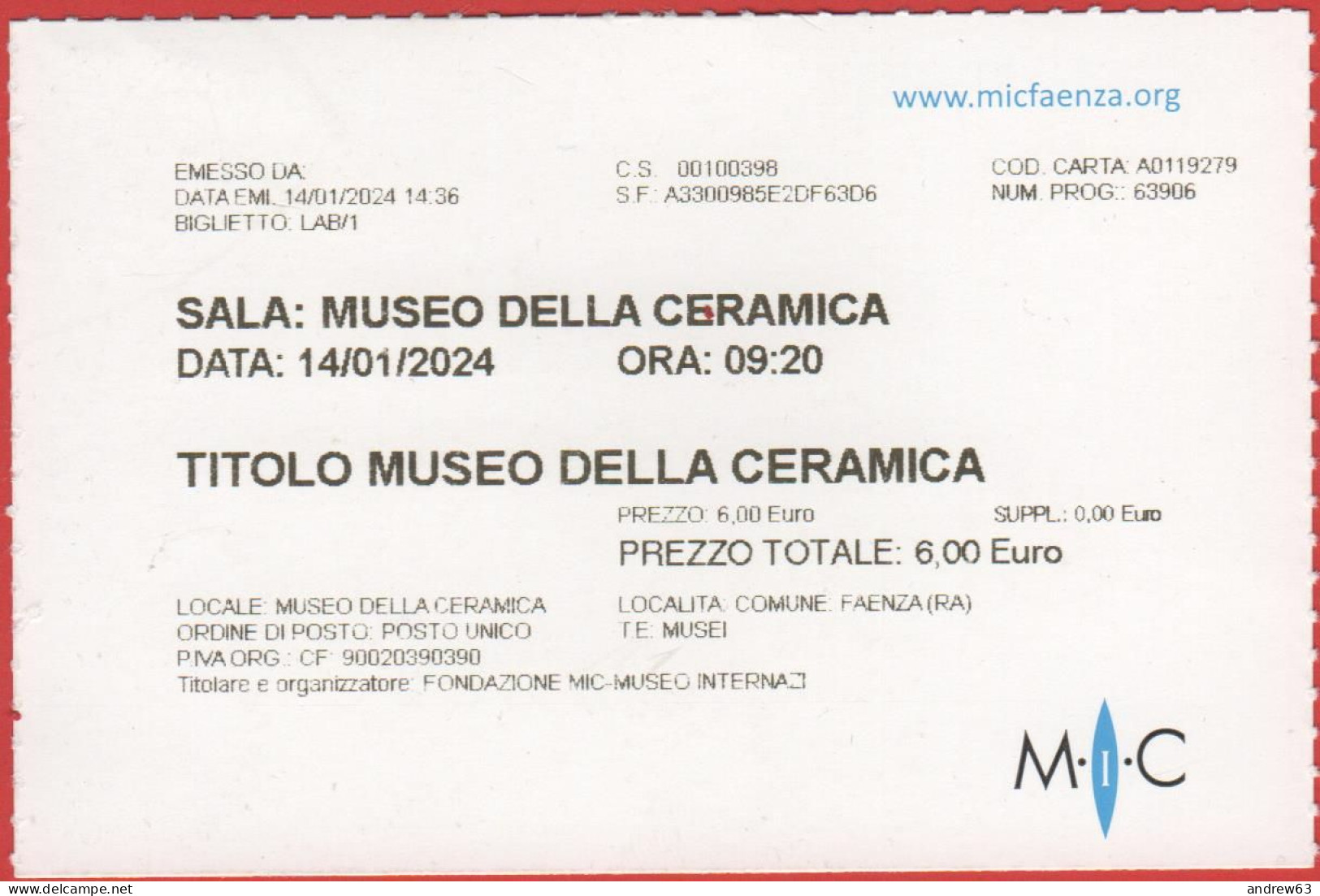 ITALIA - FAENZA - Museo Internazionale Delle Ceramiche (MIC) - Museo Della Ceramica - Biglietto D'Ingresso - Usato - Eintrittskarten
