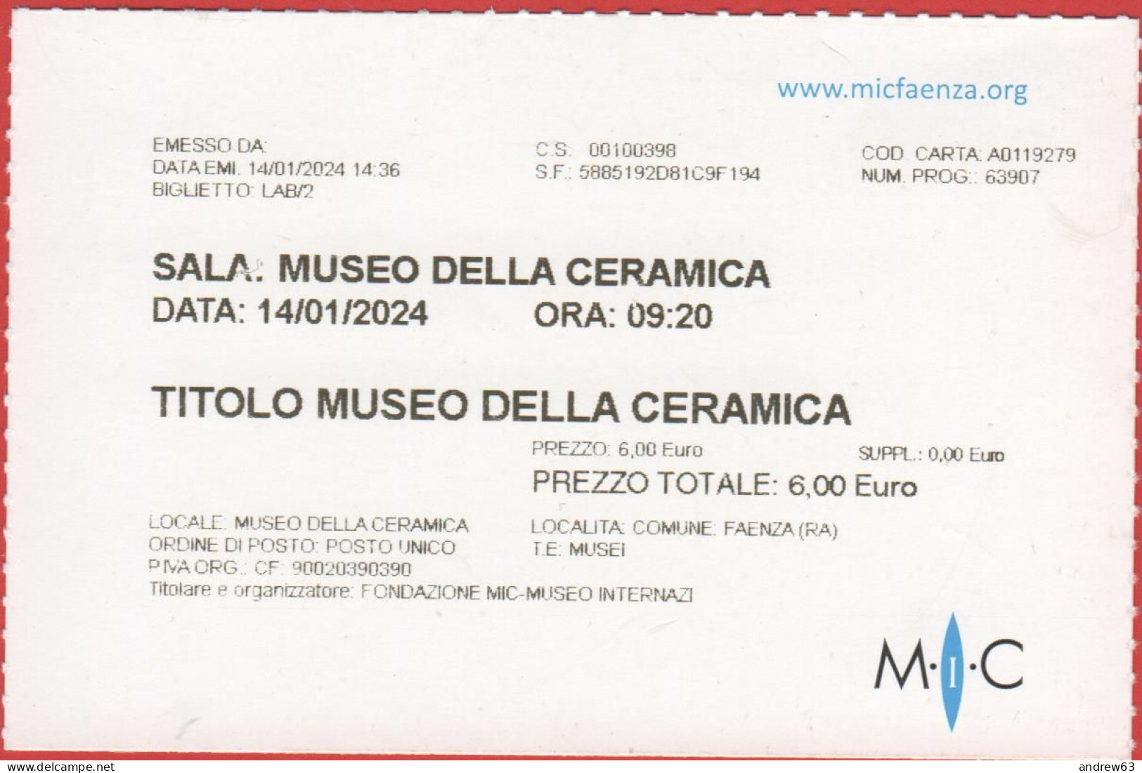 ITALIA - FAENZA - Museo Internazionale Delle Ceramiche (MIC) - Museo Della Ceramica - Biglietto D'Ingresso - Usato - Biglietti D'ingresso