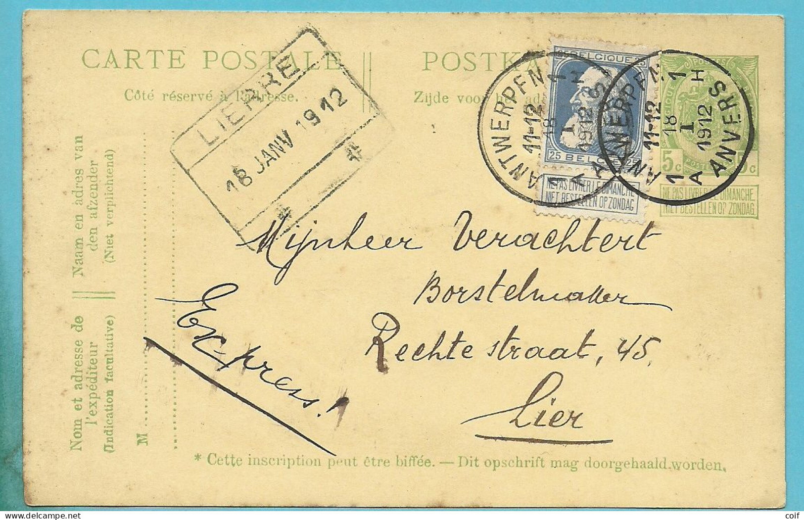 76 Op Entier Per EXPRES Stempel ANTWERPEN Met Als Aankomst Spoorwegstempel LIERRE - 1905 Grove Baard