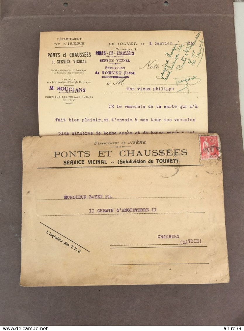 Enveloppe Et Lettre / Ponts Et Chaussées / Touvet / Isère / 1936 - Storia Postale