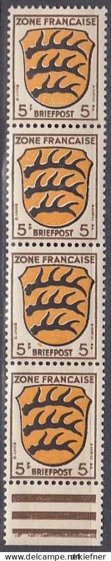 AllBes. Franz.Zone AllgemAusg. 3, 4erStreifen, Postfrisch **, Mit Abart: Oranger Punkt Unter Dem Wappen, Wappen, 1945 - General Issues