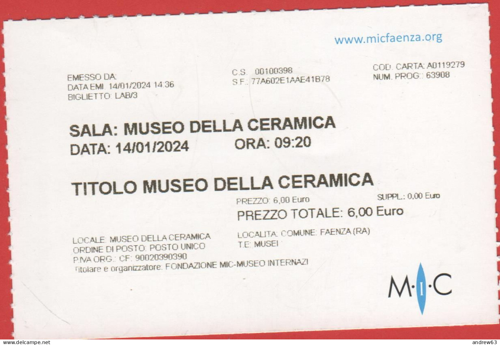 ITALIA - FAENZA - Museo Internazionale Delle Ceramiche (MIC) - Museo Della Ceramica - Biglietto D'Ingresso - Usato - Tickets D'entrée