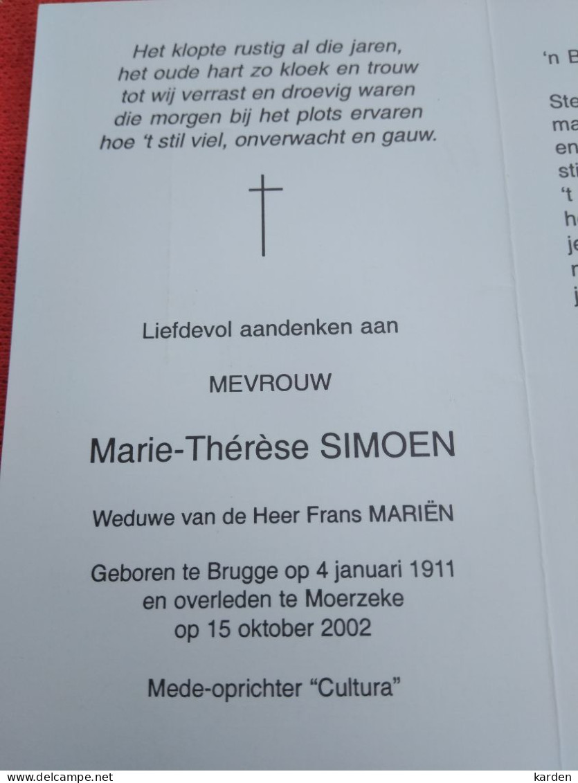 Doodsprentje Marie Thérèse Simoen / Brugge 4/1/1911 Moerzeke 15/10/2002 ( Frans Mariën ) - Religion & Esotérisme