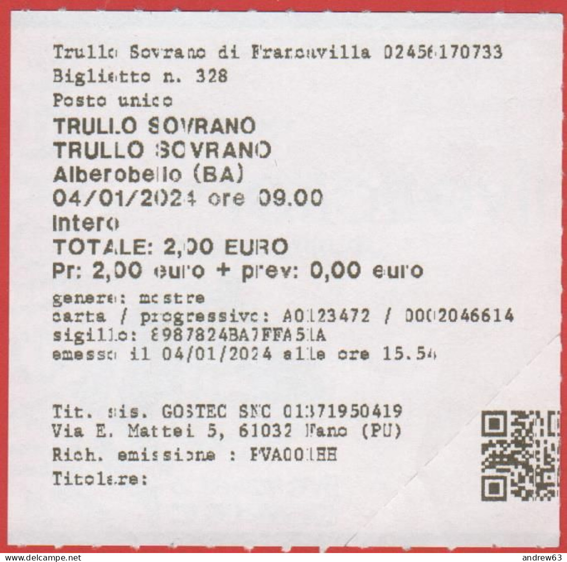 ITALIA - ALBEROBELLO - Trullo Sovrano Di Francavilla - Biglietto D'Ingresso - Usato - Tickets - Vouchers