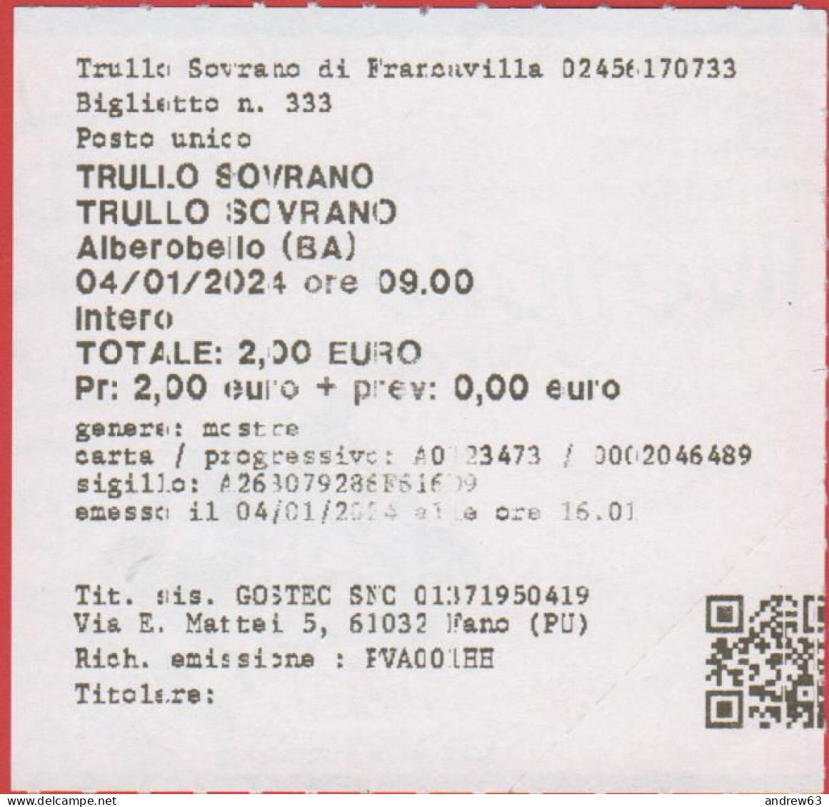 ITALIA - ALBEROBELLO - Trullo Sovrano Di Francavilla - Biglietto D'Ingresso - Usato - Tickets D'entrée