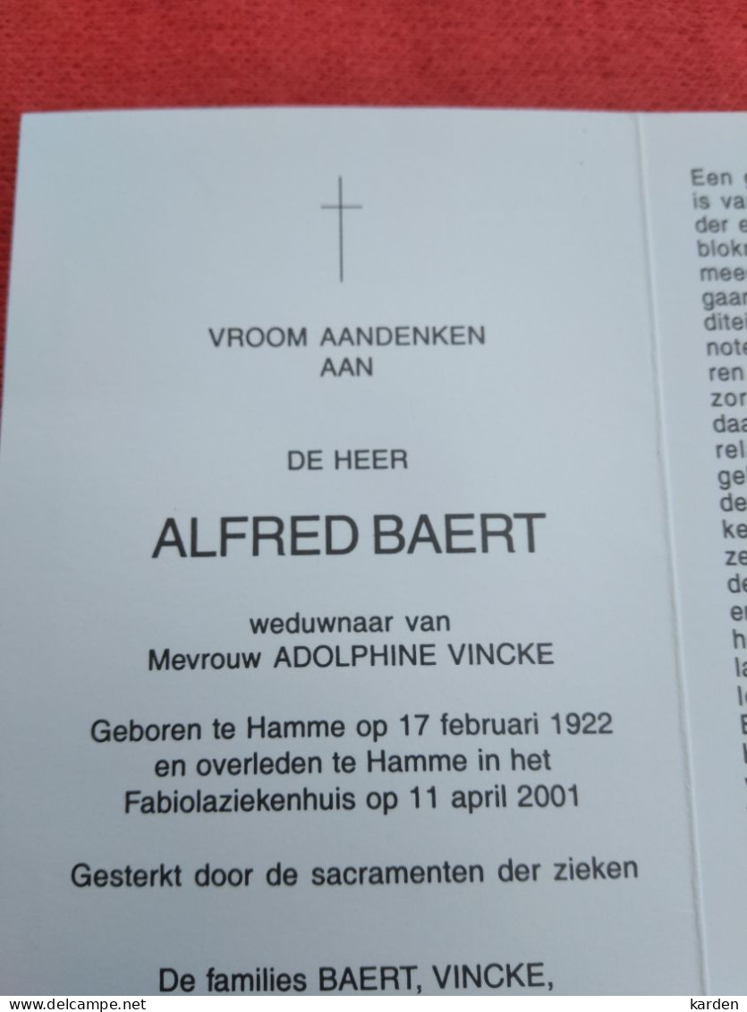 Doodsprentje Alfred Baert / Hamme 17/2/1922 - 11/4/2001 ( Adolphine Vincke ) - Religion & Esotérisme