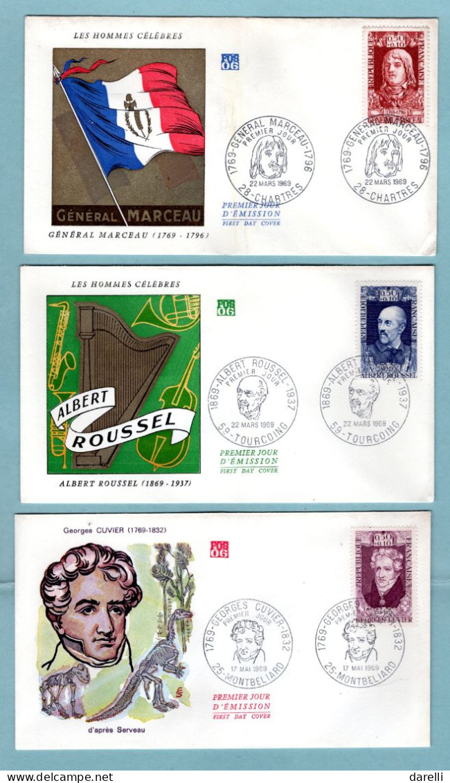 FDC France 1969 - Personnages Célèbres 1969 - YT 1590 à 1595 - Roussel, Marceau, St Beuve, Lannes, Gide, Cuvier - 1960-1969