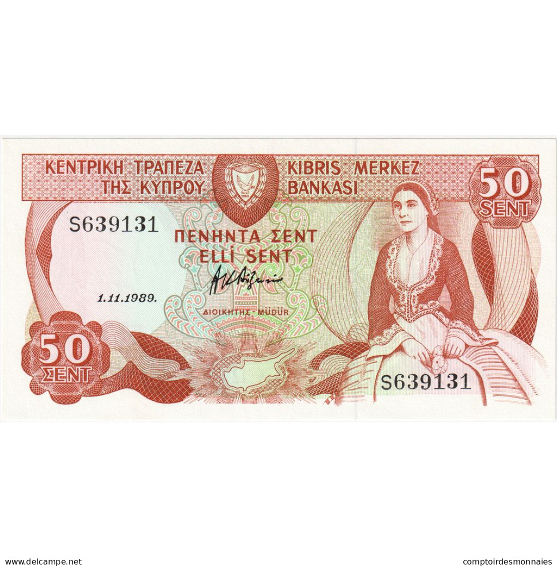 Chypre, 50 Cents, 1989-11-01, NEUF - Chipre