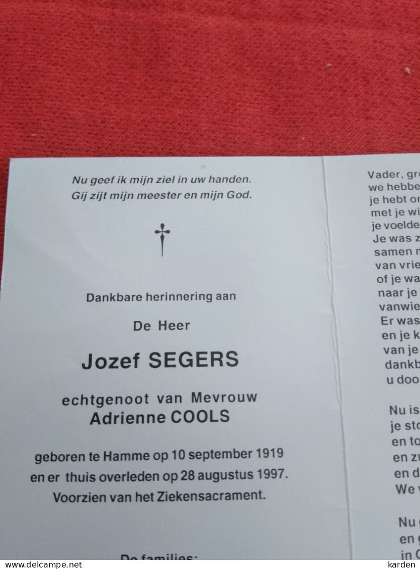 Doodsprentje Jozef Segers / Hamme 10/9/1919 - 28/8/1997 ( Adrienne Cools ) - Religion & Esotérisme