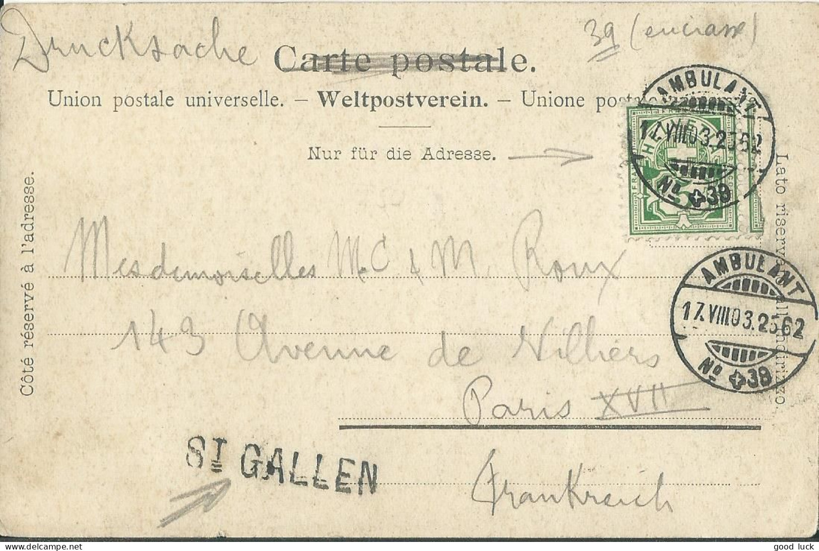 SUISSE  CARTE 5c  MARQUE LINEAIRE ST GALLEN + AMBULANT N° 39 POUR PARIS DE 1903 LETTRE COVER - Brieven En Documenten
