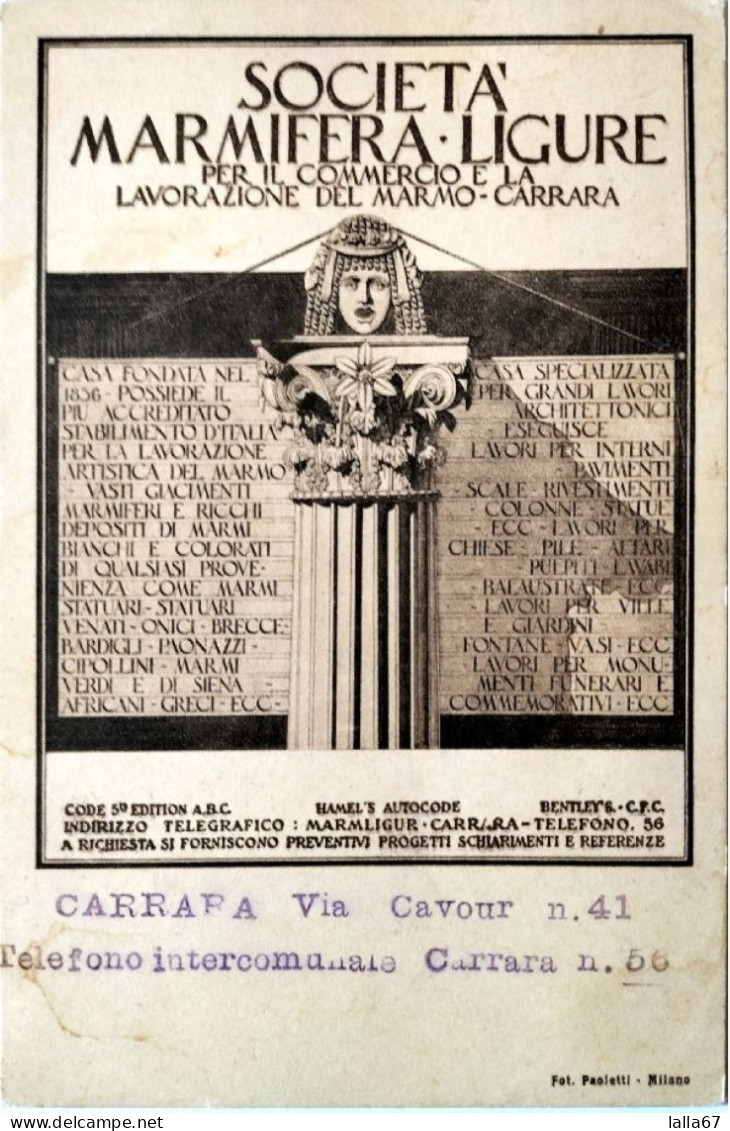 CARTOLINA FORMATO PICCOLO CARRARA SOCIETA' MARMIFERA LIGURE N. 8034 - Carrara