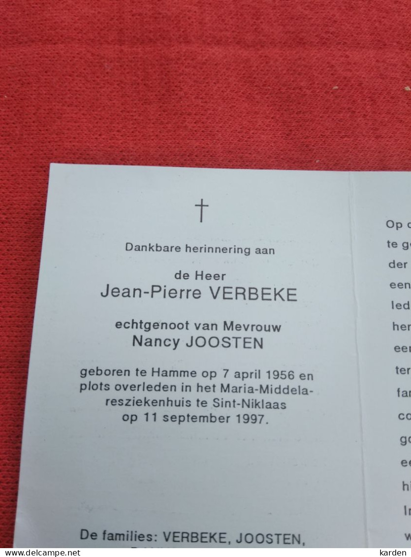 Doodsprentje Jean Pierre Verbeke / Hamme 7/4/1956 Sint Niklaas 11/9/1997 ( Nancy Joosten ) - Religion &  Esoterik