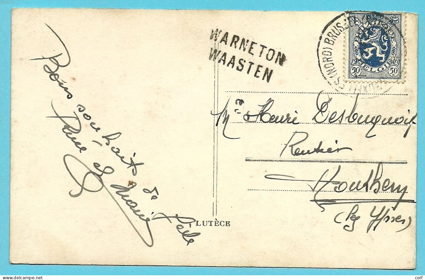 285 Op Kaart Stempel BRUXELLES Met Naamstempel (Griffe D'origine) WARNETON / WAASTEN - Langstempel