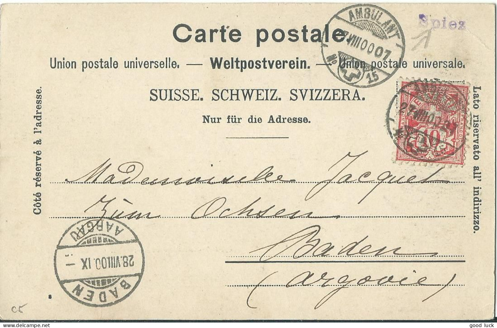 SUISSE  CARTE 10c  MARQUE LINEAIRE SPIEZ + AMBULANT N° 15  POUR BADEN DE 1900 LETTRE COVER - Brieven En Documenten
