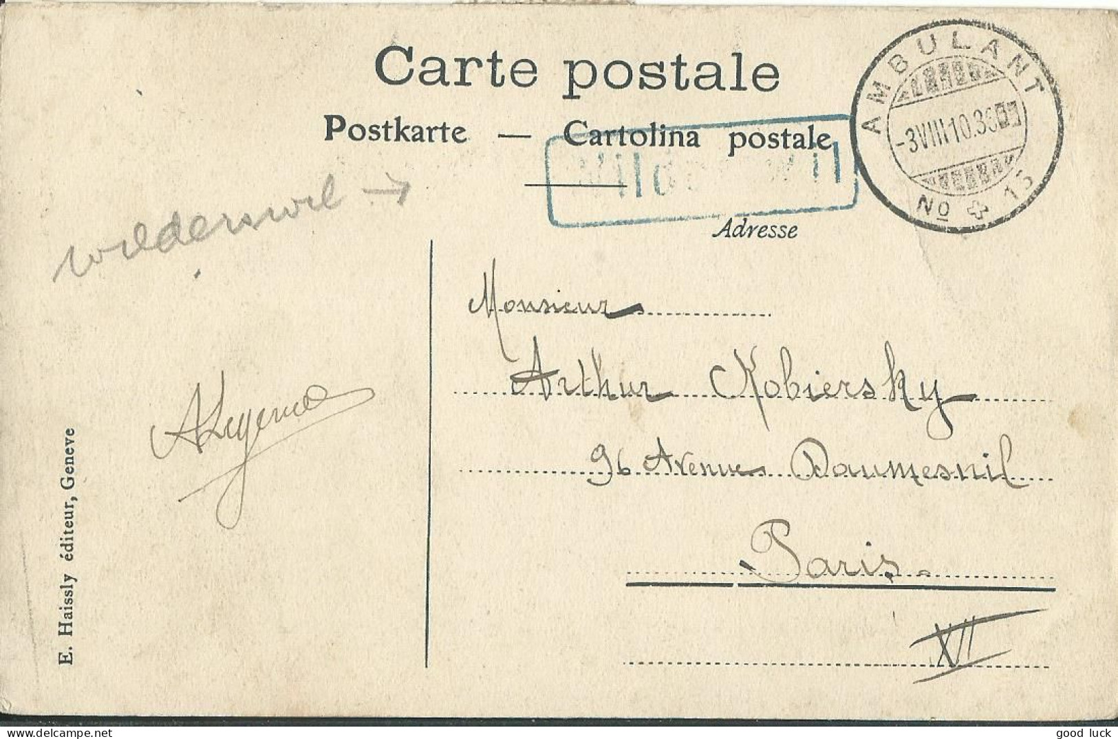 SUISSE  CARTE 5c  MARQUE LINEAIRE + AMBULANT N° 15  POUR PARIS DE 1910 LETTRE COVER - Storia Postale