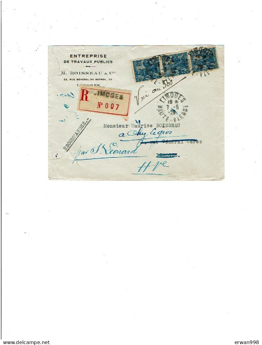 87 LIMOGES Cachet Manuel 7/8/1929/ Enveloppe Commerciale Recommandée  ETP BOISSEAU YT 257 Bande De 3 Jeanne D'Arc  1259 - Lettres & Documents