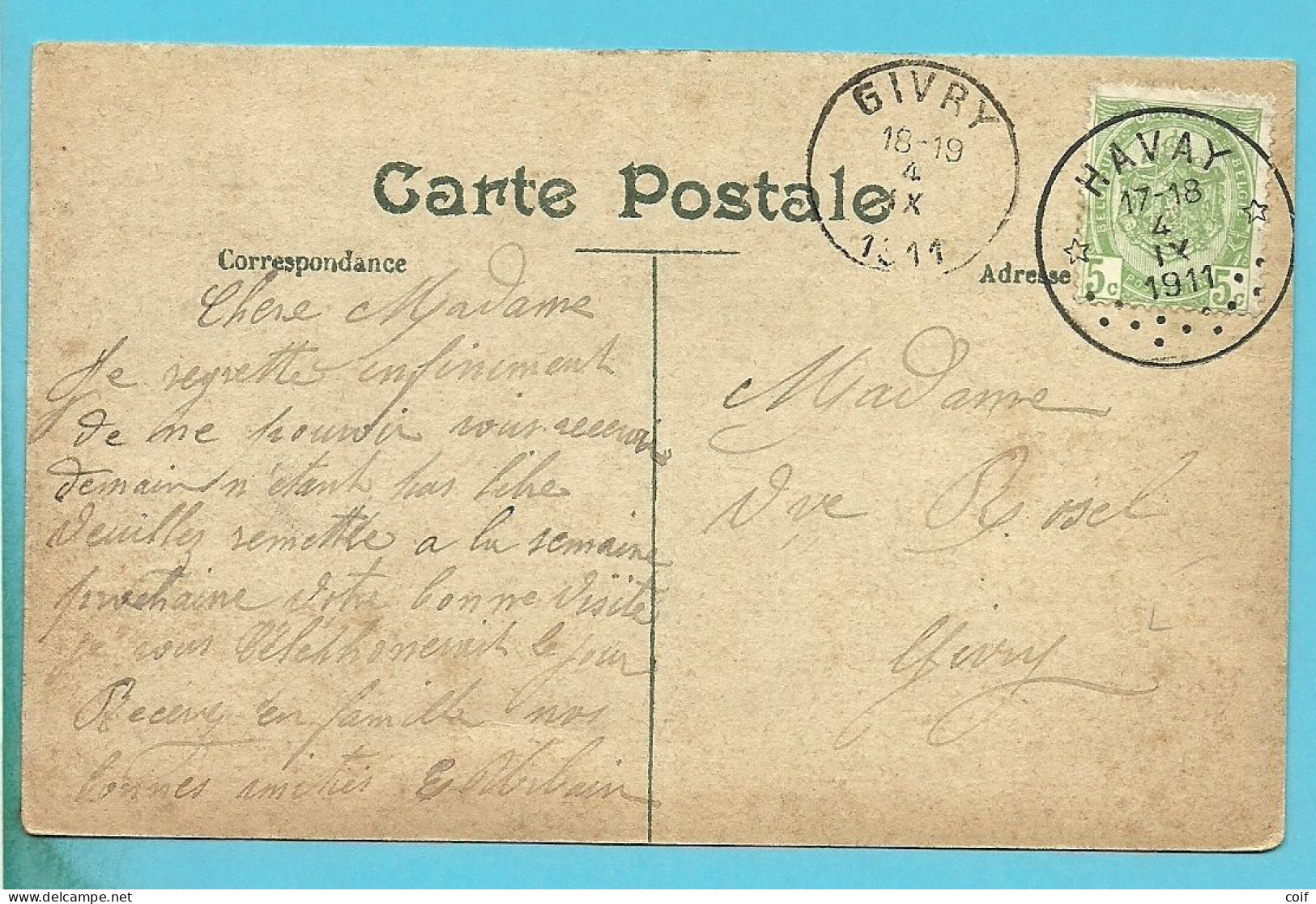 83 Op Kaart Sterstempel (Relais) * HAVAY * Met Als Aankomst Stempel GIVRY - 1893-1907 Armoiries