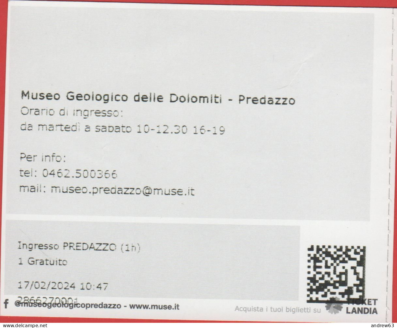 ITALIA - PREDAZZO - MUSE - Museo Geologico Delle Dolomiti - Biglietto D'Ingresso - Usato - Biglietti D'ingresso