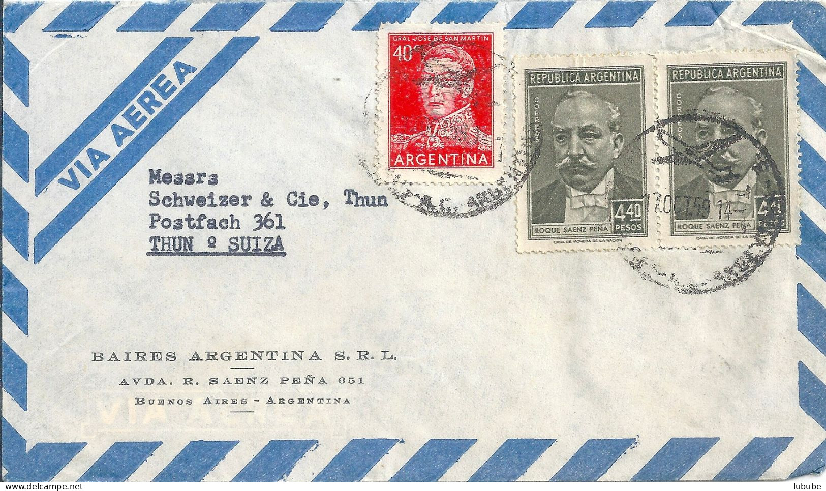 Airmail Brief  "Baires SRL, Buenos Aires" - Thun        1959 - Cartas & Documentos