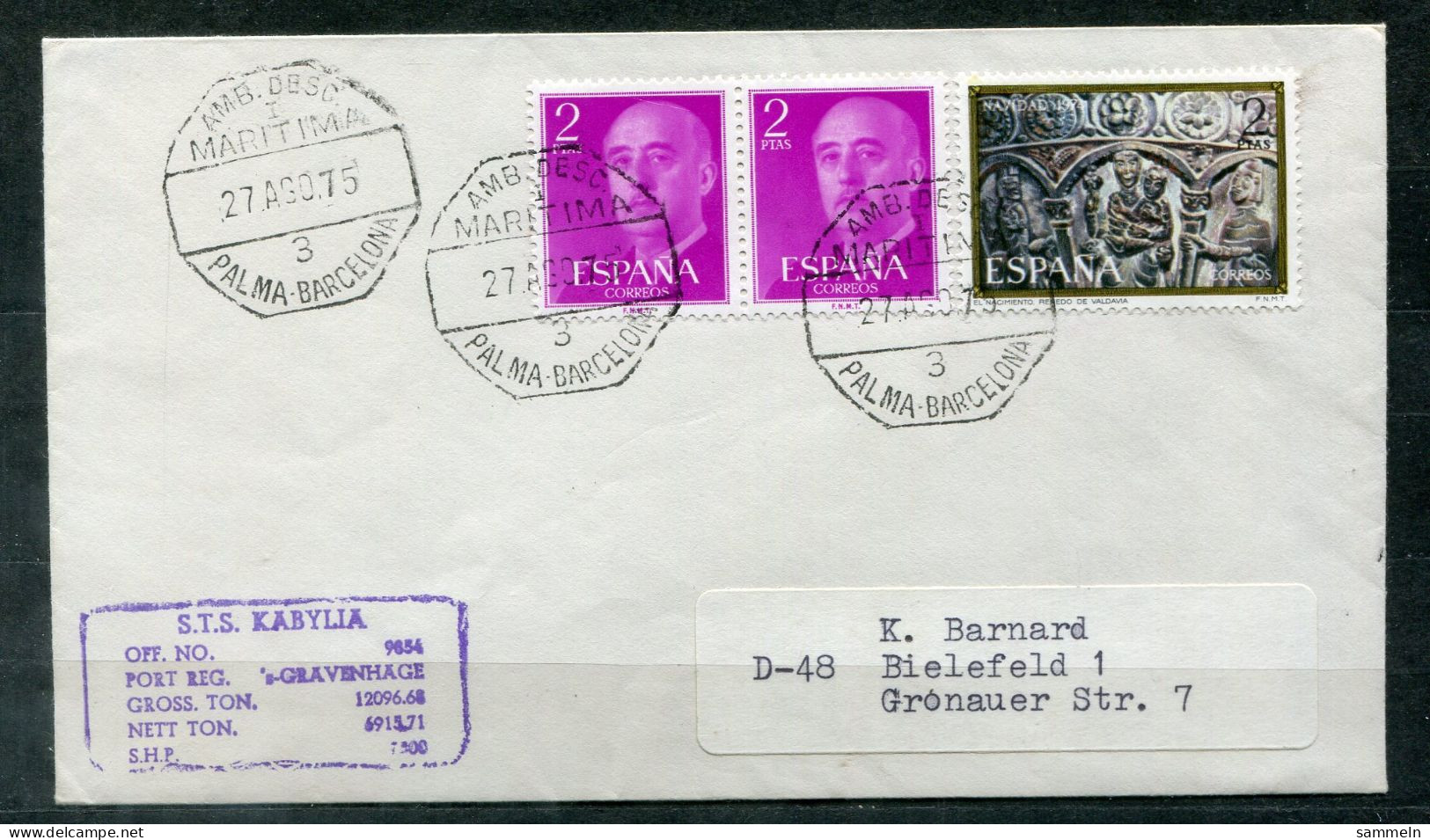 SPANIEN - Schiffspost, Navire, Paquebot, Ship Letter, Stempel AMB DESC. 3 PALMA-BARCELONA + Cachet STS KABYLIA - Storia Postale