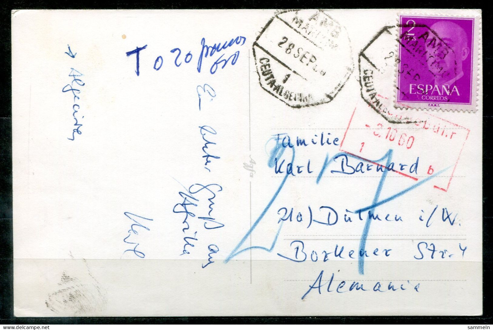 SPANIEN - Schiffspost, Navire, Paquebot, Ship Letter, Stempel AMB MARITIMO CEUTA-ALGECIRAS Auf AK Aus Ceuta + Tax - Cartas & Documentos