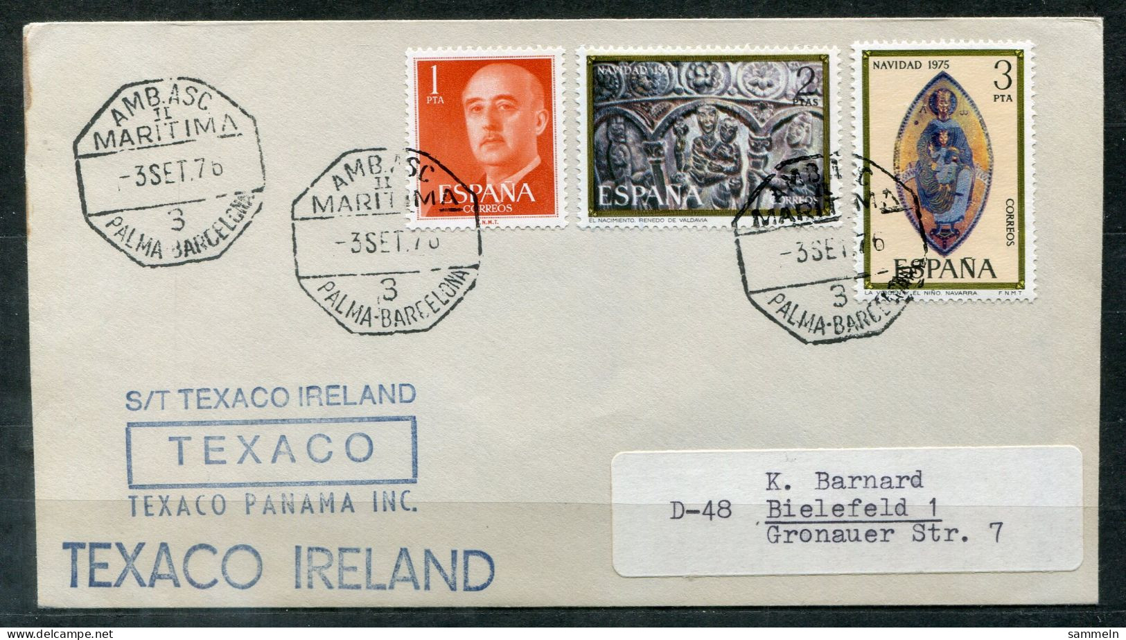 SPANIEN - Schiffspost, Navire, Paquebot, Ship Letter, Stempel AMB ASC II NARITIMA PALMA-BARCELONA + S/T TEXACO - Brieven En Documenten