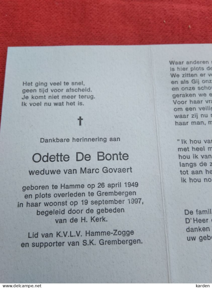Doodsprentje Odette De Bonte / Hamme 26/4/1949 Grembergen 19/9/1997 ( Marc Govaert ) - Religion &  Esoterik